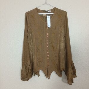 more by Lata Blouse Women Small Kakhy Floral Embroidered Button Romantic Edge Em